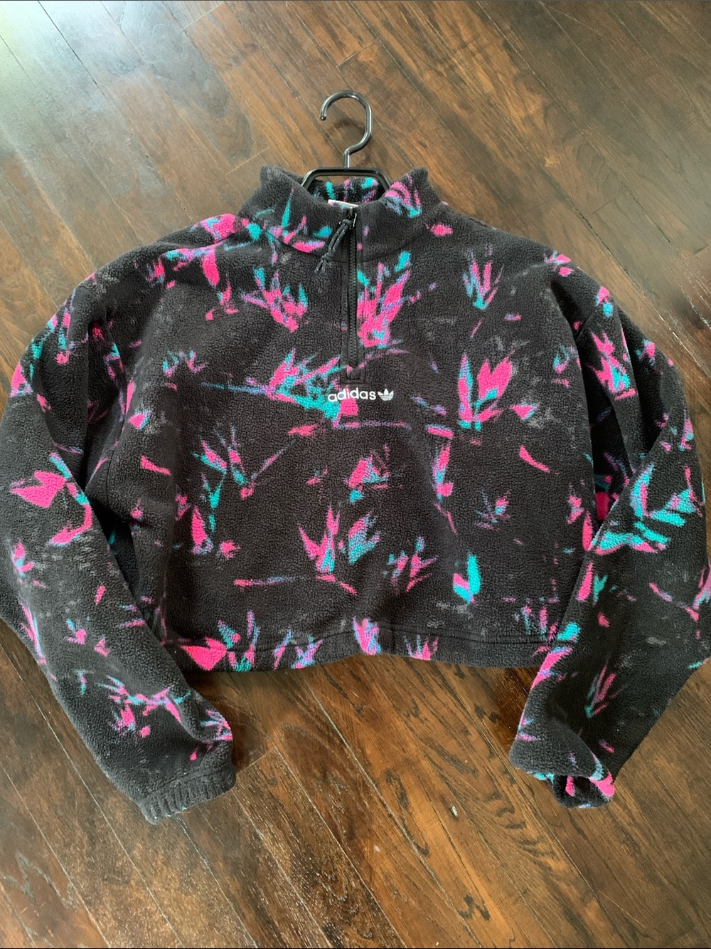 adidas Black Cropped Fleece Half-Zip with Pink & Teal Accent Print